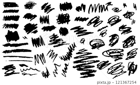 Set of hand drawn chalk different black doodles, stripes and strokes in grunge style, collection of hand drawn chalk broad strokes on white background, brushes of different designs for decoration Set of hand drawn chalk different black doodles, stripes and strokes in grunge style, collection of hand drawn chalk broad strokes on white background, brushes of different designs for decoration 121367254