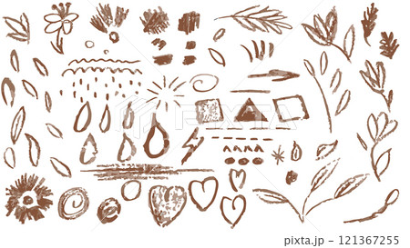 Set of arrow abstract brush line stroke, imitation of children's doodles, grunge abstract chalk, crayon pencil style, flowers, stripes, lines, hearts, arrow, geometric shapes hand drawn with chalk 121367255