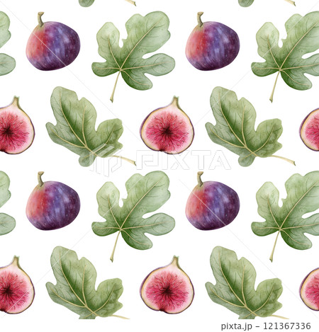 Ripe fresh figs with green leaves watercolor seamless pattern on white. Purple red summer fruits repeat background in realistic botanical style. Hand drawn autumn harvest illustration 121367336