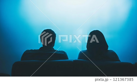 Couple Relaxing While Watching a Live Movie Streaming at Home in a Cozy Atmosphere 121367385