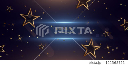 Abstract luxury golden star lighting effect glowing on dark blue background and sparkle. 121368321