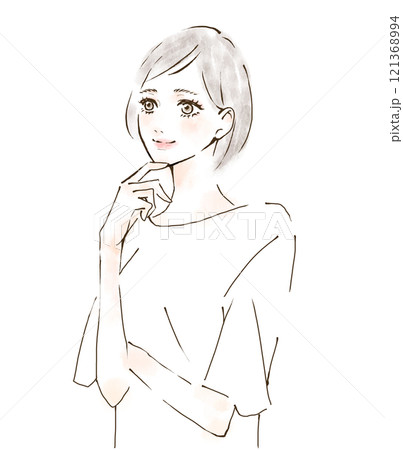 顎に手を当てる女性のイラスト 笑顔 顎に手を当てる女性のイラスト 笑顔 121368994