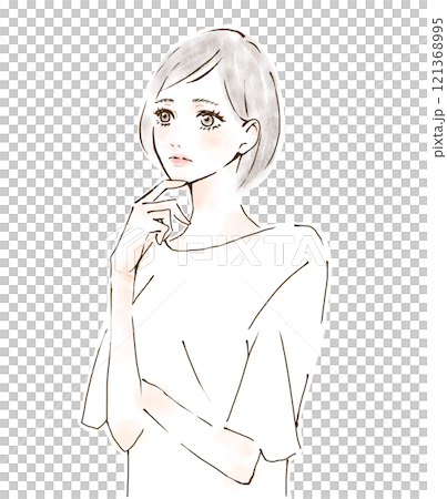 Illustration of a worried person, watercolor style, doubt, question, thinking pose 121368995