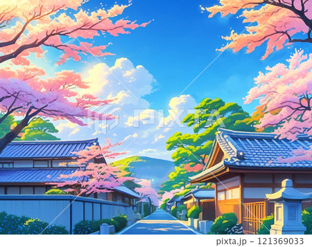 アニメ風　古風な町の春の風景 121369033