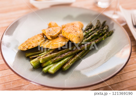 Fried chicken breast pieces with asparagus on plate Fried chicken breast pieces with asparagus on plate 121369190