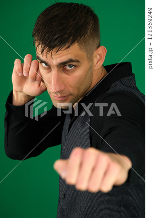 Beautiful woman in kimono show marshal art exercise on white Beautiful woman in kimono show marshal art exercise on white 121369249