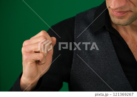 upturned fist resistance male hand on gray background 121369267