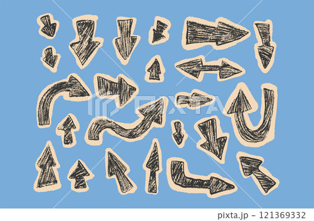 Arrow collage set crayon drawing Pointers isolated. Navigation marks. Scribble doodle paper signs. Vector hand drawn illustration Arrow collage set crayon drawing Pointers isolated. Navigation marks. Scribble doodle paper signs. Vector hand drawn illustration 121369332