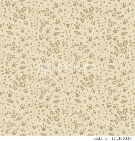 Woodland beige seamless pattern. Forest endless background. Berries and leaves repeat cover. continuous ornament. Surface pattern design motif. Vector hand drawn illustration. 121369339