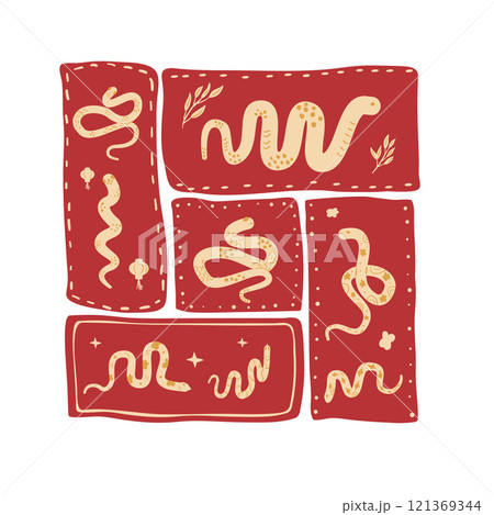 Green snake Chinese New Years square emblem symbol. Cny zodiac snake lunar 2025 modular poster isolated on white background. Vector hand drawn flat illustration 121369344