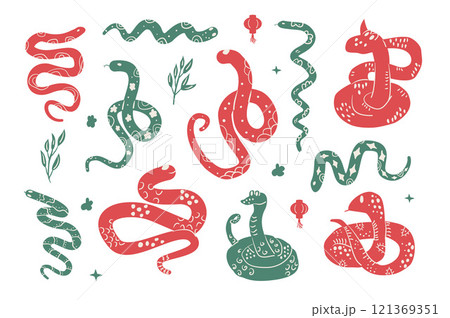 Green snake Chinese New Years symbol set. Cny zodiac snake lunar 2025 collection isolated on white background. Vector hand drawn flat illustration 121369351