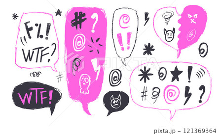 Speech bubbles with swear words. Curse crayon doodle text. Bad bulling expression on chat dialog boxes. Aggressive swearwords isolated on white background. Haters signs. Vector hand drawn illustration 121369364