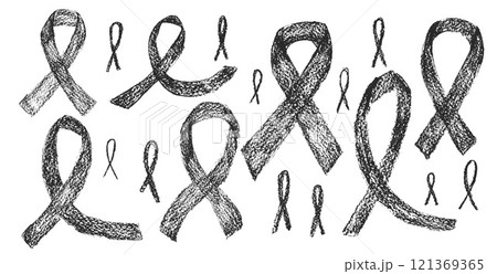 Crayon awareness ribbon set. Symbol of solidarity campaign doodle isolated on white background. elements. Vector drawn by pencil illustration 121369365