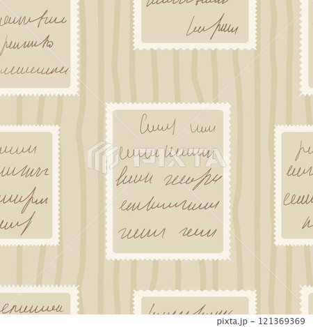 Scribble handwritten script text on post stamps seamless pattern. Unreadable letter endless background. Illegible note repeat cover. Vector vintage diary poetry continuous ornament. 121369369