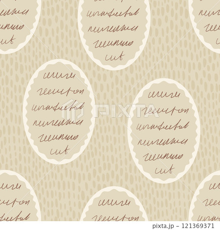 Scribble handwritten text seamless pattern. Unreadable letter endless background. Illegible note repeat cover. Diary poetry on oval frames. Surface pattern doodle. Vector hand drawn illustration. 121369371