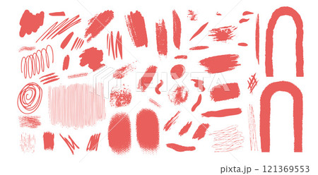 Collage grunge elements textured set. Dirty torn design red shapes by chalk or pencil isolated on white background. Grunge style painted decorative abstract shapes. Vector hand drawn illustration Collage grunge elements textured set. Dirty torn design red shapes by chalk or pencil isolated on white background. Grunge style painted decorative abstract shapes. Vector hand drawn illustration 121369553