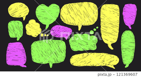 Speech bubbles set. Crayon doodle text frames. Chat dialog boxes. Comic talk textboxes by chalk or pencil isolated on dark background. Childish style quotation balloon. Vector hand drawn illustration Speech bubbles set. Crayon doodle text frames. Chat dialog boxes. Comic talk textboxes by chalk or pencil isolated on dark background. Childish style quotation balloon. Vector hand drawn illustration 121369607