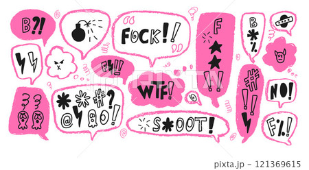 Swear communication speech bubbles. Negative abstract crayon doodle text. Bad bulling expression on chat dialog boxes. Strong language pack isolated on white background. Vector illustration 121369615