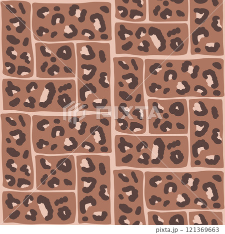 Leopard monochrome seamless pattern. Animal print mocha mouse bento grid background. Cheetah or panther skin texture repeat cover. Abstract jaguar fur continuous ornament. Vector bg illustration. Leopard monochrome seamless pattern. Animal print mocha mouse bento grid background. Cheetah or panther skin texture repeat cover. Abstract jaguar fur continuous ornament. Vector bg illustration. 121369663