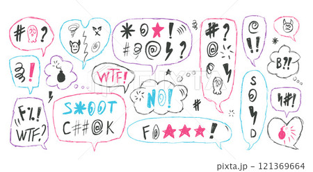 Speech bubbles with swear words. Curse crayon doodle text. Bad bulling expression on chat dialog boxes. Aggressive swearwords isolated on white background. Haters signs. Vector hand drawn illustration Speech bubbles with swear words. Curse crayon doodle text. Bad bulling expression on chat dialog boxes. Aggressive swearwords isolated on white background. Haters signs. Vector hand drawn illustration 121369664