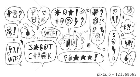 Speech bubbles with swear words. Curse crayon doodle text. Bad bulling expression on chat dialog boxes. Aggressive insult isolated on white background. Haters signs. Vector hand drawn illustration 121369665