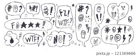 Speech bubbles with swear words. Curse crayon doodle line text. Bad bulling expression on chat dialog boxes. Aggressive hate isolated on white background. Vector hand drawn insult illustration 121369666