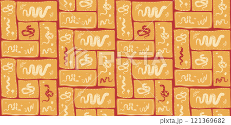 Chinese New Year seamless pattern. Zodiac green snakes bento grid endless background. Cny celebration modular mosaic repeat cover. Vector hand drawn flat illustration. 121369682