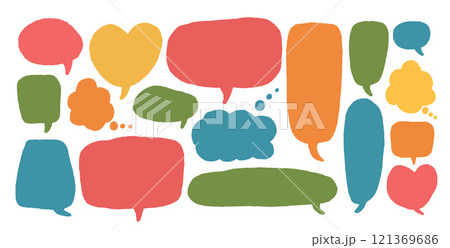 Speech bubbles set. Doodle colorful elements. Chat dialog boxes. Comic talk clouds isolated on white background. Childish style quotation balloon Vector hand drawn illustration Speech bubbles set. Doodle colorful elements. Chat dialog boxes. Comic talk clouds isolated on white background. Childish style quotation balloon Vector hand drawn illustration 121369686
