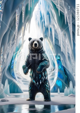 A crystal-covered bear standing in a shimmering ice cave, surrounded by glowing stalactites, high detail A crystal-covered bear standing in a shimmering ice cave, surrounded by glowing stalactites, high detail 121369711