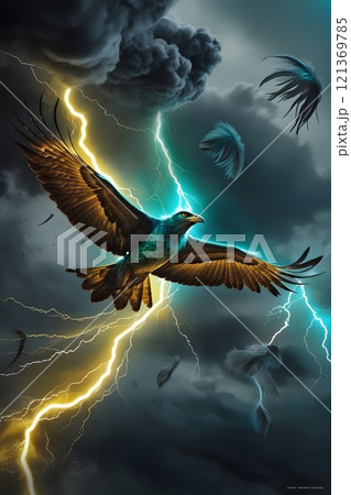 A thunderbird soaring through stormy skies, lightning bolts flashing around it, epic fantasy feel A thunderbird soaring through stormy skies, lightning bolts flashing around it, epic fantasy feel 121369785