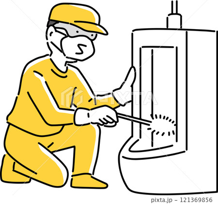 男子用トイレの便器を清掃する男性 121369856