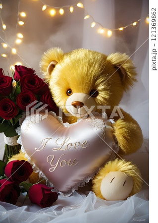 A teddy bear holding a heart-shaped pillow that says 'I Love You,' surrounded by roses and glowing fairy lights 121369862