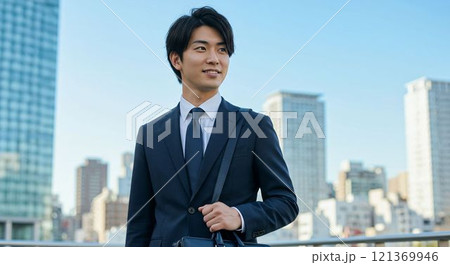 現代の都市風景でビジネスバッグを持つスーツ姿の若い日本人ビジネスマン 121369946