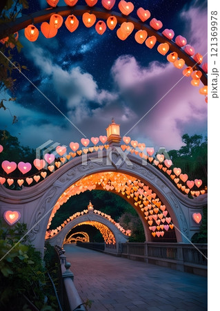 A romantic bridge decorated with heart-shaped lanterns, glowing under a starry night sky A romantic bridge decorated with heart-shaped lanterns, glowing under a starry night sky 121369978