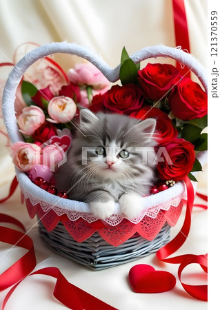 A kitten sitting in a heart shaped basket surrounded by red ribbons, roses, and soft Valentine Day decor A kitten sitting in a heart shaped basket surrounded by red ribbons, roses, and soft Valentine Day decor 121370559