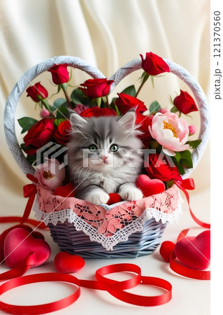 A kitten sitting in a heart shaped basket surrounded by red ribbons, roses, and soft Valentine Day decor 121370560