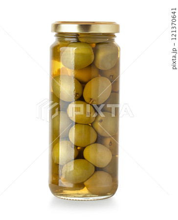 olives bottle on a white 121370641