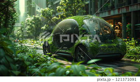Futuristic electric eco car in large green city with plants and grass.Concept.AI Generative. 121371091