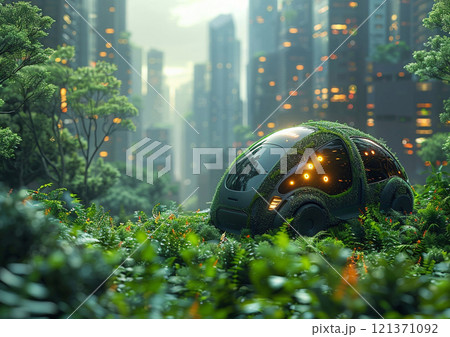 Futuristic electric eco car in large green city with plants and grass.Concept.AI Generative. 121371092