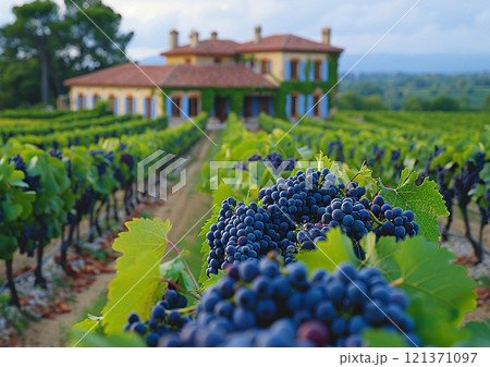 Ripe grapes with leaves in large vineyard fields with house view on summer day.Macro.AI Generative. 121371097