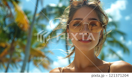 Happy beautiful woman wearing sunglasses and bikini and walking through resorty.Macro.AI Generative. 121371204