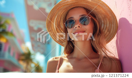 Happy young beautiful woman with summer hat and sunglasses.Macro.AI Generative. 121371224