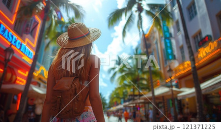 Rear view of young woman with backpack walking through exotic colorful summer city.AI Generative. 121371225