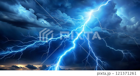 Electric lightning storm illuminating the night sky 121371261