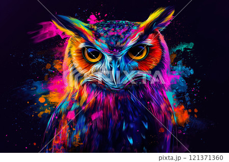 A vibrant watercolor painting of a colorful owl with expressive eyes. The concept of creativity, wisdom, and the beauty of nature interpreted through artistic expression. Generative AI. 121371360