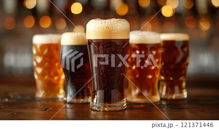 Brewery table with glasses of various fresh craft beer on wooden table.Marco.AI Generative. 121371446