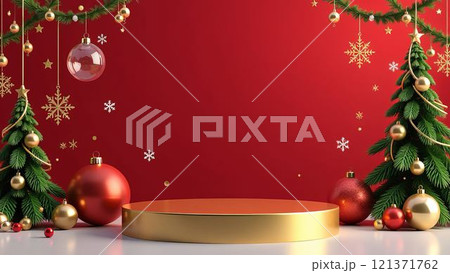vibrant Christmas setup with golden and red accents, evoking feelings of joy and celebration. Great for holiday retail campaigns vibrant Christmas setup with golden and red accents, evoking feelings of joy and celebration. Great for holiday retail campaigns 121371762
