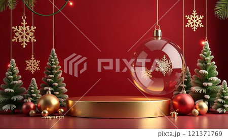 Christmas balls, fir trees, snowflakes, golden podium on red background Concept of xmas sales, product presentation 121371769