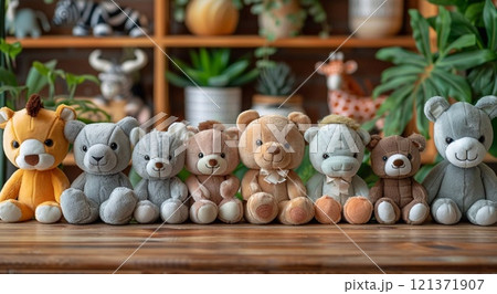 Kids room with various fluffy soft toys as zoo animals sitting together.Macro.AI Generative. 121371907