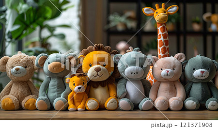 Kids room with various fluffy soft toys as zoo animals sitting together.Macro.AI Generative. 121371908